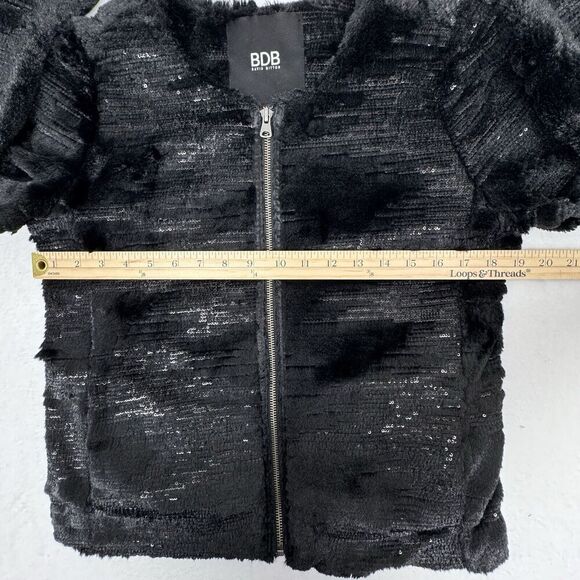 BDB David Bitton Womens Medium Black Faux Fur Sequin Jacket Full Zip Collarless - Picture 12 of 14